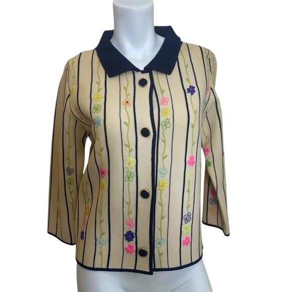Puccini Sweaters - Vintage 60s Puccini Wool Embroidered Floral Stripe Cardigan Mod Preppy Size 8